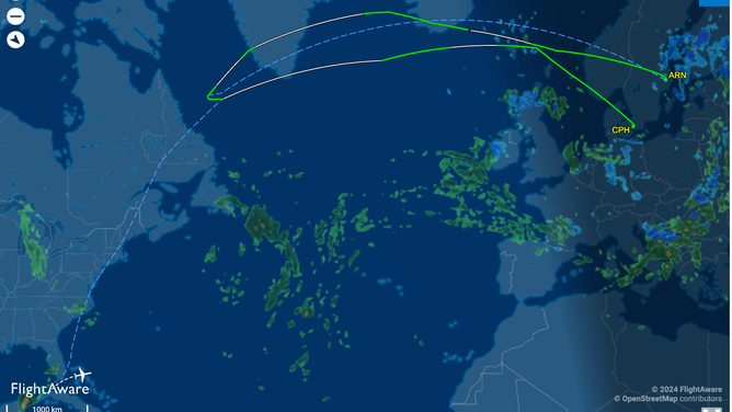 A Flight Aware track shows the path flight SK957 took from Stockholm back to Copenhagen on Nov. 14.